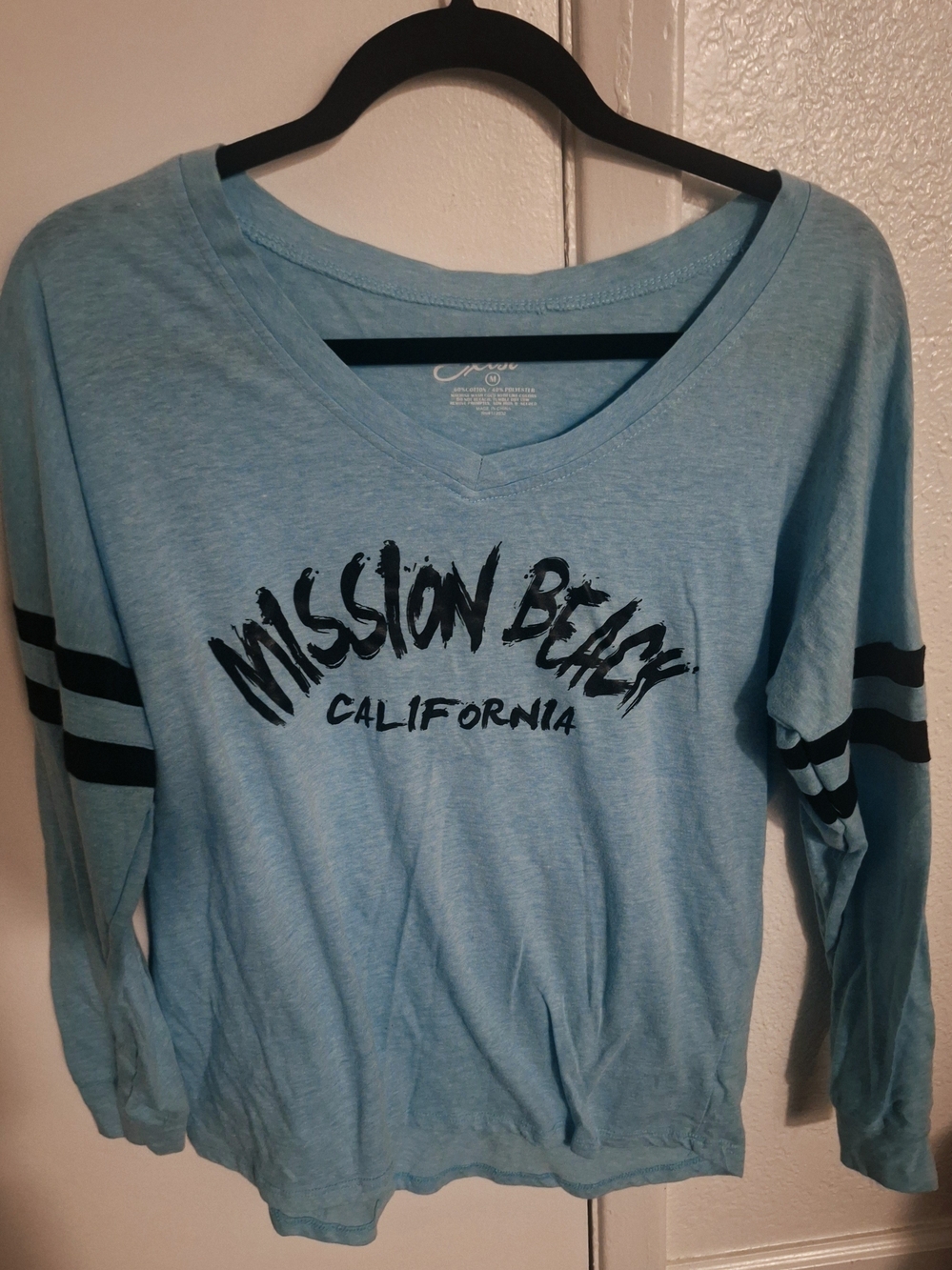 Exist Mission Beach Light Blue Long Sleeve V-Neck Top with Black Stripes
